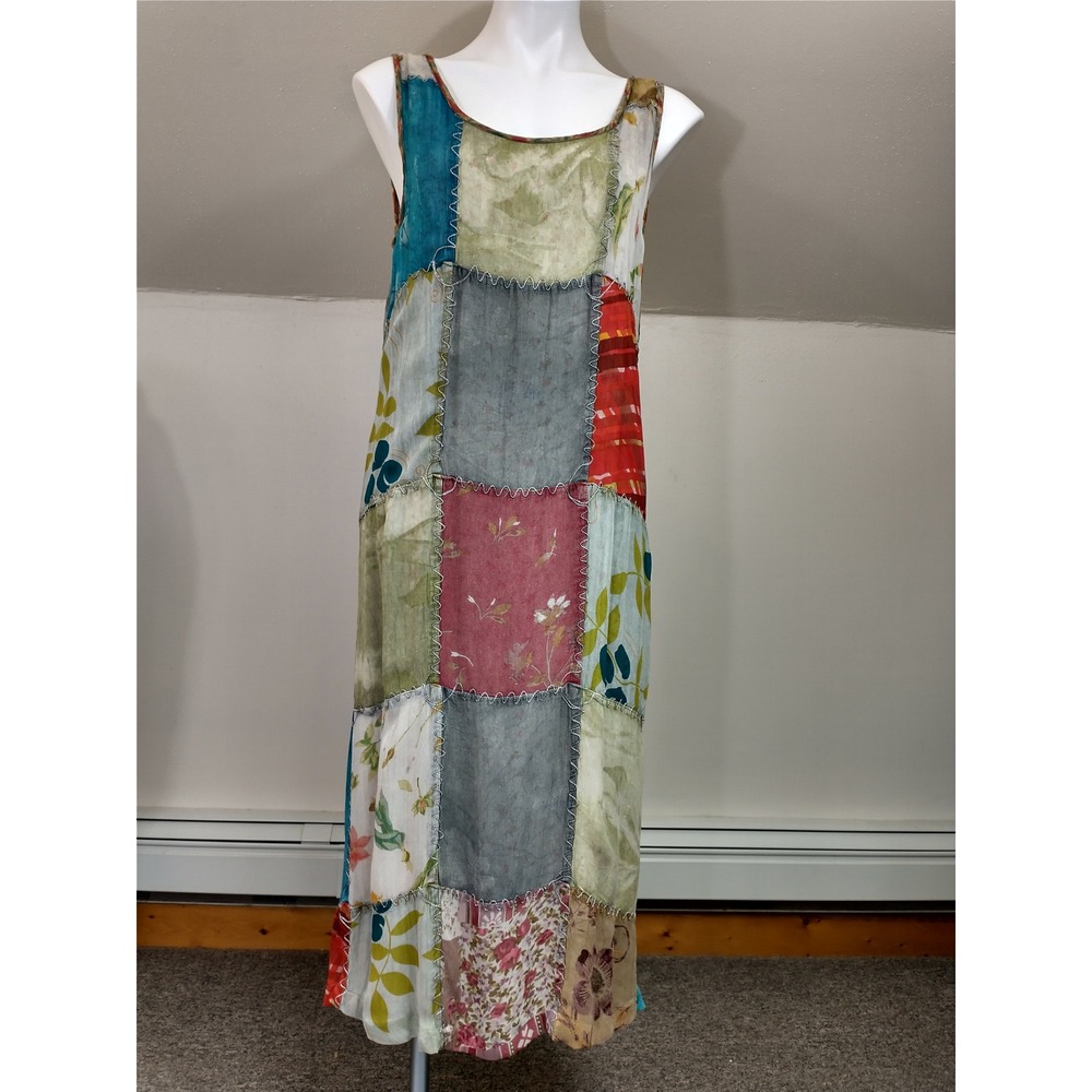 Patchwork Lagenlook Sacred Threads Boho Hippie Midi Dress Rayon Medium Large